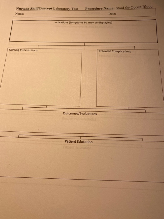 Nursing Skill/Concept Laboratory Test Procedure Name: Stool for Occult Blood Name: Date: Indications (Symptoms Pl. may be dis