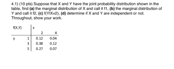 4.1) (10 pts) Suppose that X and Y have the joint probability distribution shown in the table, find (a) the marginal distribu