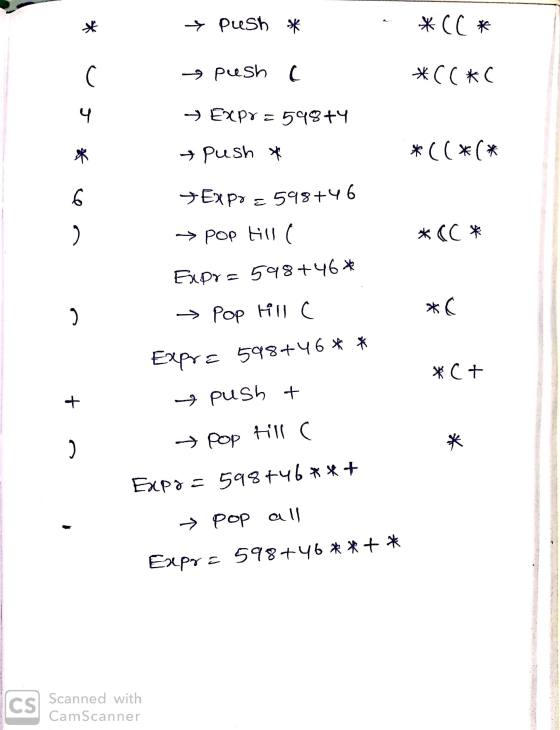 * push * *(( * push a *((*C Expx = 59844 + push * *((*(* *(C * *Expx = 598+46 → pop till ( Exprs 598+46 * » Pop Fic Expre 598