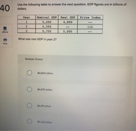 40 Use the following table to answer the next question. GDP figures are in billions of dollars. Year Nominal GDP Real GDP Pri