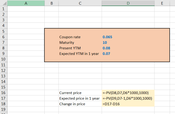 А 10 Coupon rate 0.065 Maturity Present YTM 0.08 Expected YTM in 1 year 0.07 Current price Expected price in 1 year Change in