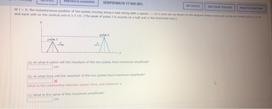 PREVIOUS ANSWERS SERPSEWA10 17.WA.001. MY NOTES ASK YOUR TEACHER PRACTICE ANOTHER At t = 0, the instantaneous position of two