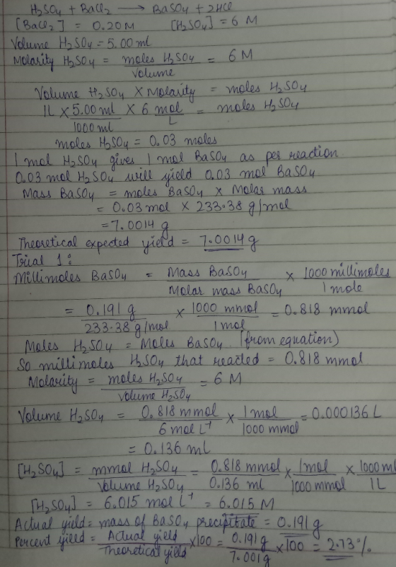 - H₂SO4 + Balls - Basou +240. Ball2] = 0. 00M (H Sou] = 6 M Volume H₂SO4 = 5.00ml Molarity H₂SO4 = moles H₂SO4 - 6M - Volume