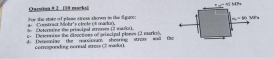 Question # 2 110 marks t45 MPa For the state of plane stress shown in the figure: a Construct Mohrs circle (4 marks), b- Det