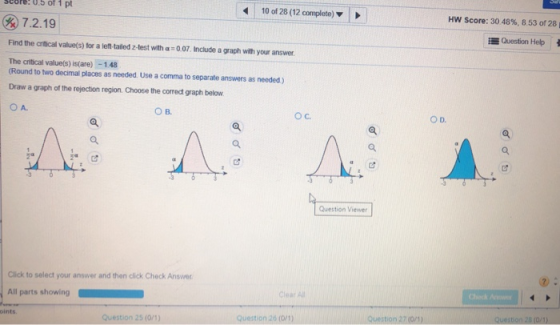 score! 0.5 of 1 pt % 7.2.19 10 of 28 (12 complete) HW Score: 30.48%, 8.53 of 28 Find the critical value(s) for a left-tailed