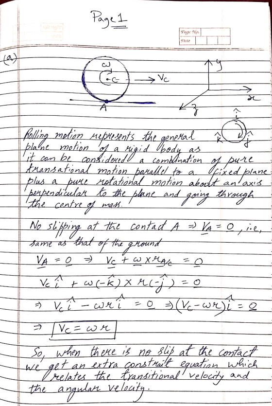 Page 1 (a) Vc a 6 plane motion as Uixed plane No slipping same as that of the Rolling motion mepresents the general it can be