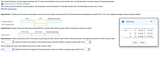 25th Century Electronic Center began December with 70 units of merchandise inventory that cost $74 each. During December, the