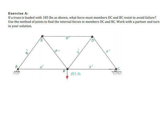 Exercise A: If a truss is loaded with 185 lbs as shown, what force must members DC and BC resist to avoid failure? Use the me
