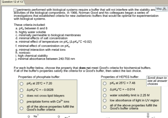 Question 12 of 13 periments performed with biological systems require a buffer that will not interfere with the stabilit activities of the biological components. In 1966, Norman Good and his colleagues began a series o investigations that established criteria for new zwitterionic buffers that would be optimal for experimentation with biological systems These criteria included a. pKa between 6 and 8 b. highly water soluble c. minimally permeable to biological membranes d. minimal effects of salt concentration e. minimal effect of temperature on pKg (Δ pKJ。C <0.02) f. minimal effect of concentration on pK minimal interaction with metal ions nontoxic i. high chemical stabilit j. minimal absorbance betwen 240-700 nm that does not meet Goods criteria for biochemical buffers For each buffer below, choose the If all of the buffers properties satisfy the criteria for a Goods buffer, then select the last choice Properties of phosphate buffer: Properties of HEPES buffer: Scroll down to see all answer choices pKs at 25℃ = 7.20 pKg at 25℃ = 7.48 O O does not cross lipid bilayers precipitate forms with Ca2+ ions all of the above properties fulfill the water solubility limit is 2.25 M low absorbance of light in UV region all of the above properties fulfill the O Goods buffer criteria Goods buffer criteria O Na