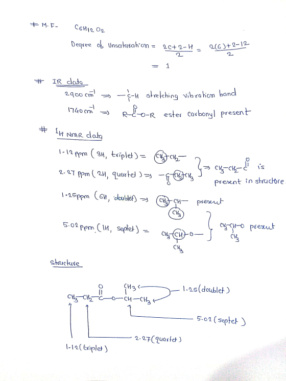 #M.F. CGHIQ OL Degree of Unsaturahim = 2C+2-H - 216)+ 2 2 = 1 # IR data 2900 cran! 1740 = - ¢-H stretching vibrabico band R
