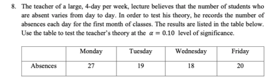 8. The teacher of a large, 4-day per week, lecture believes that the number of students who are absent varies from day to day