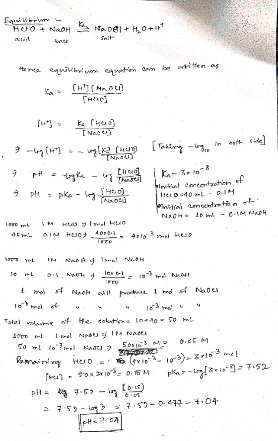Equilibrium :- Hero + NaOH Ka Na Ool + H₂O+H* acid base Salt ce equilibriun equation can be written as ka= [H] [ Nau) [Hud] A