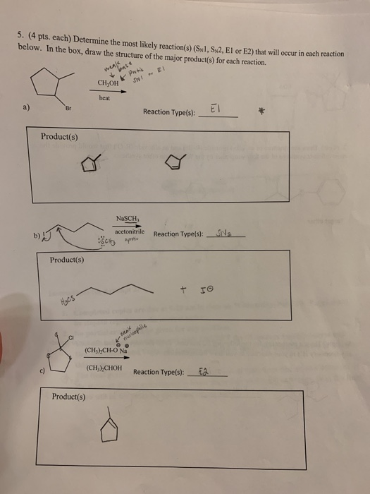 5. (4 pts. each) Determine the most likely reaction(s) (Sx1,5x2, El or E2) that will occur in each reaction below. In the box