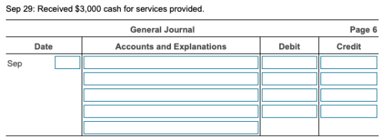Sep 29: Received $3,000 cash for services provided. General Journal Page 6 Date Accounts and Explanations Debit Credit Sep