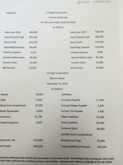 MIESZUOUASUTUSU Problem 2 Carriage Corporation Income Statement For the year ended 2018 and 2019 (in dollars) Sales year 2019