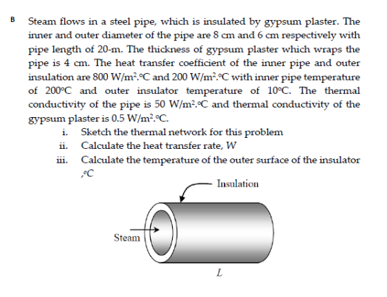 B Steam flows in a steel pipe, which is insulated by gypsum plaster. The inner and outer diameter of the pipe are 8 cm and 6