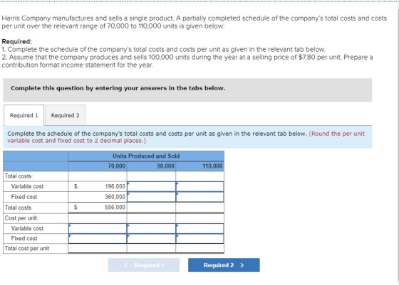 Harris Company manufactures and sells a single product. A partially completed schedule of the companys total costs and costs