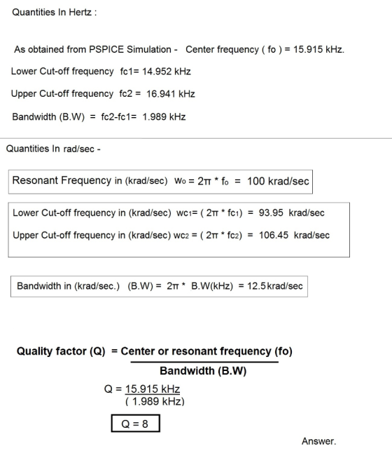 Quantities In Hertz: As obtained from PSPICE Simulation - Center frequency (fo) = 15.915 kHz. Lower Cut-off frequency fc1= 14