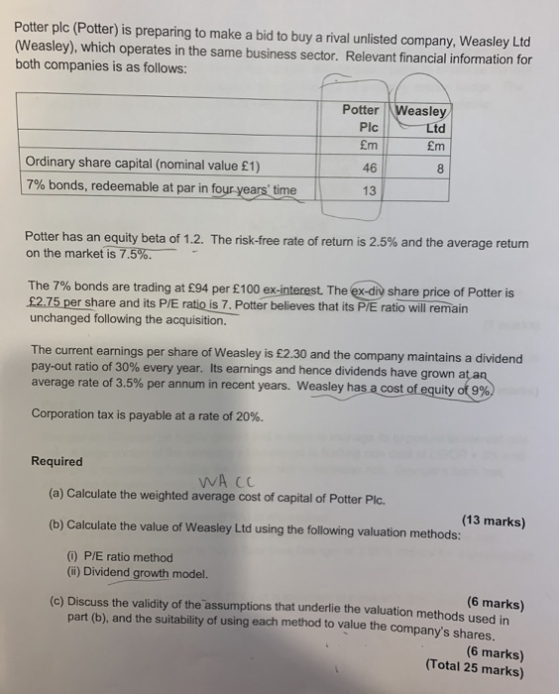 Potter plc (Potter) is preparing to make a bid to buy a rival unlisted company, Weasley Ltd ( Weasley), which operates in the