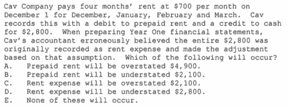 Cav Company pays four months rent at $ 700 per month on December 1 for December, January, February and March. Cav records th
