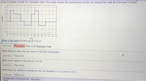 A car is initially at rest on a straight road. The graph shows the acceleration of the car along that road as a function of time. 0 12 3 45 679 10 11 12 13 14 tts) of the car at t-6 s? Incorrect. Tries 1/12 Previous Tries Subrnit Arswer What distance does the car cover in the first 8 seconds? ub Ansr Tries 0/12 What is the speed of the car at t-13 s? Submt Anseer Tries 0/12 Determine the distance covered by the car between t-11 s and t-13 s? Suoi Anwer Tries 0/12 Threaded View Chronongical View Other Views