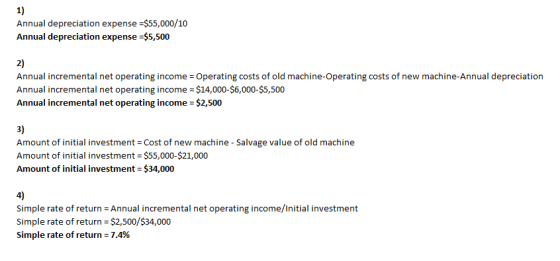 1) Annual depreciation expense =$55,000/10 Annual depreciation expense =$5,500 Annual incremental net operating income = Oper