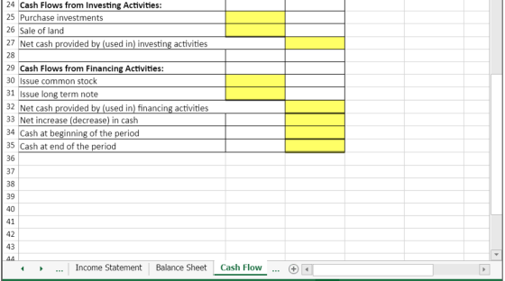 24 Cash Flows from Investing Activities: 25 Purchase investments 26 Sale of land 27 Net cash provided by (used in) investing