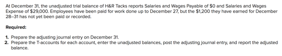 At December 31, the unadjusted trial balance of H&R Tacks reports Salaries and Wages Payable of $0 and Salaries and Wages Exp