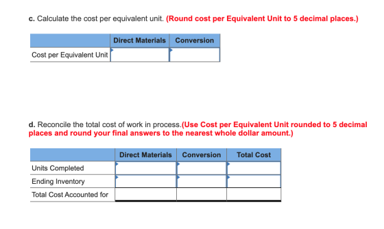 c. Calculate the cost per equivalent unit. (Round cost per Equivalent Unit to 5 decimal places.) Direct Materials Conversion