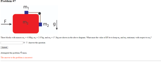 Problem # 7 m1 m2 9 Three blocks with masses m1 = 4.08kg. m2-207kg. and m,-17.3kg are shown n the above diagram What must the value of F be to keep m1 and m2 stationary with respect to m? N Answer the question Submit Attempted the problem 4 times. The answer to the problem is incorrect