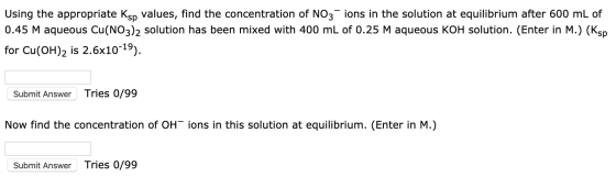 Using the appropriate Ksp values, find the concentration of NO3- ions in the solution at equilibrium after 600 mL of 0.45 M a