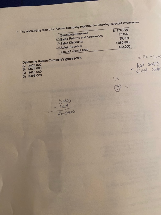 6. The accounting record for Katzen Company reported the following selected information: Operating Expenses WS Sales Returns