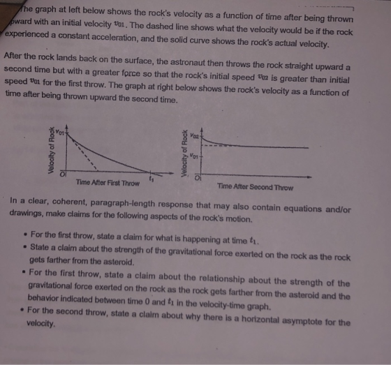 he graph at left below shows the rocks velocity as a function of time after being thrown pward with an initial velocity voi.