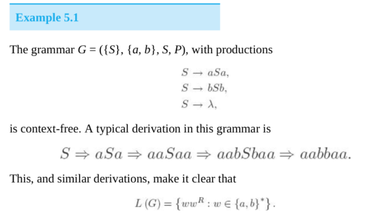 Example 5.1 ({S}, {a, b}, S, P), with productions The grammar G - aSa, bSb S is context-free. A typical derivation in this gr