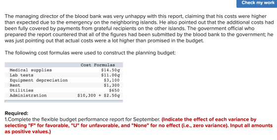 Check my work The managing director of the blood bank was very unhappy with this report, claiming that his costs were higher