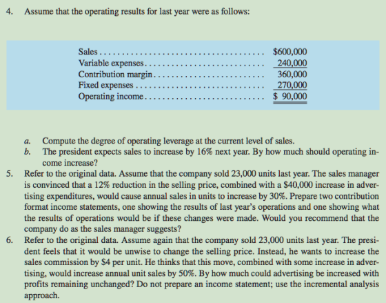 4. Assume that the operating results for last year were as follows: Sales .... Variable expenses........ Contribution margin.