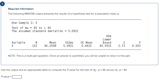! Required information The following MINITAB output presents the results of a hypothesis test for a population mean u. One-Sa