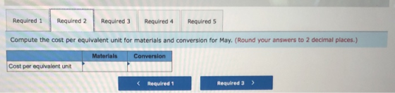 Required 1 Required 2 Required 3 Required 4 Required 5 Compute the cost per equivalent unit for materials and conversion for