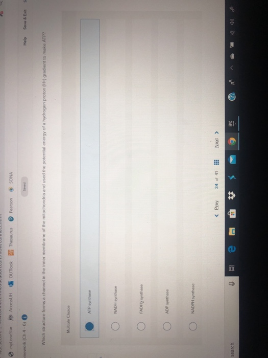 myloneStar 19 AccessUHOUTlook Thesaurus P Pearson SONA mework (Ch 4-6) Saved Which structure forms a channel in the inner mem