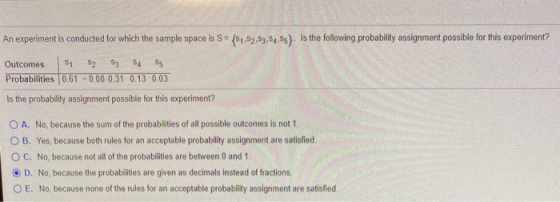 An experiment is conducted for which the sample space is S= ($152,S3,S4,S5}. Is the following probability assignment possible