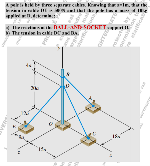 A pole is held by three separate cables. Knowing that a=lm, that the tension in cable DE is 500N and that the pole has a mass