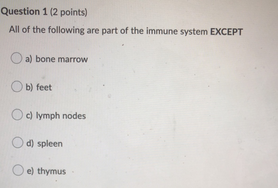 Question 1 (2 points) All of the following are part of the immune system EXCEPT O a) bone marrow b) feet c) lymph nodes d) sp
