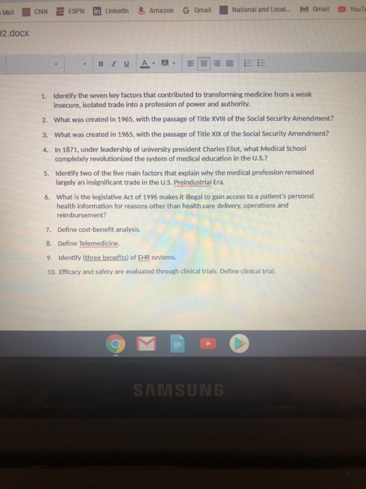 Mail CNN E ESPN in Linkedin Amazon G Gmail National and Local M Gmail Yout 2.docx BIU AA E EE 1. Identify the seven key facto