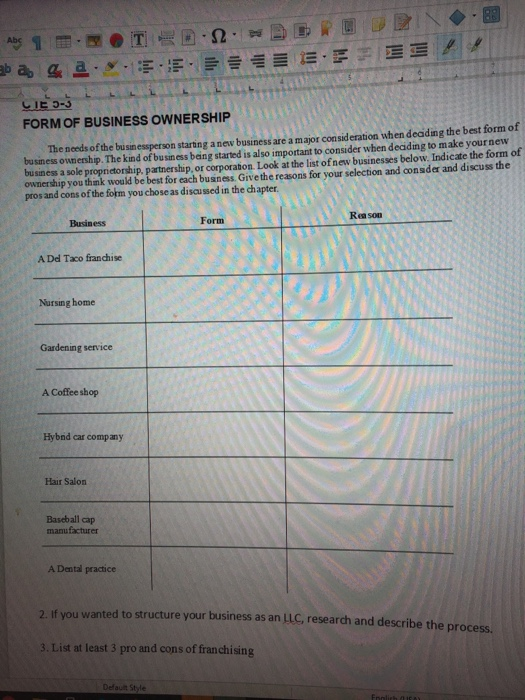 32 EE illi E. ab a. & 11 CIE 5-3 FORM OF BUSINESS OWNERSHIP The needs of the businessperson starting a new business are a maj