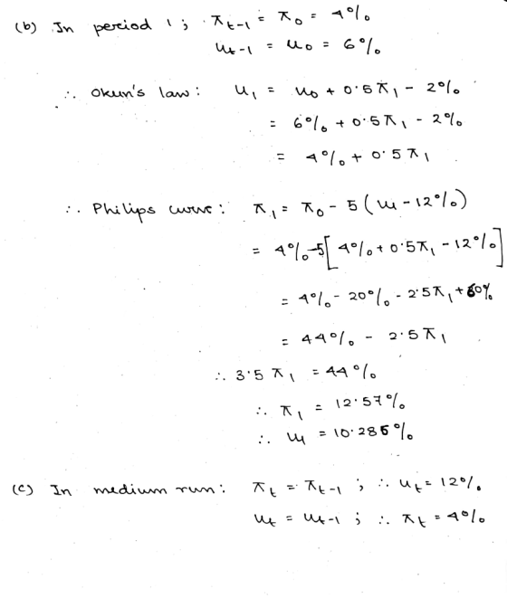 (6) In period ; Re-, Etos 4% út-1 = Vo = 6% ... Okuns law: u,= no to 5*, -2% = 60% +0:57, -2% 4%. + 0:51, . :. Philips wer