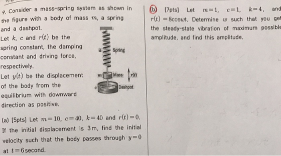 9. Consider a mass-spring system as shown in the figure with a body of mass m, a spring and a dashpot. Let k, c and r(t) be t