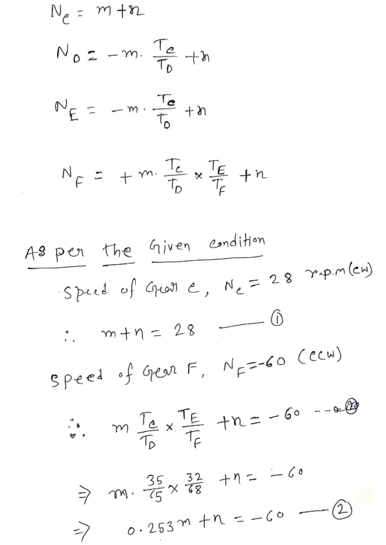 Ne=mtr No= Te - m. th To Te E = - m th To TE NEE tm. Te To th th As per the Given condition speed of Grear e, Ne = 28 rep.m (