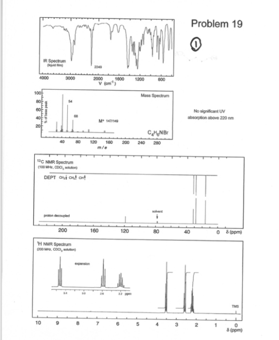 Problem 19 IR Spectrum 2000 1600 1200 800 100 Mass Spectrum No significant UV absorption above 220 nm 40 M+ 147149 40 80 120 160 200 240 280 m/e 3C NMR Spectrum (100 MHE, CDC, solution) proton decoupled 200 160 120 40 0 8(ppm) H NMR Spectrum 22 ppm 8 5 2 δ(ppm)