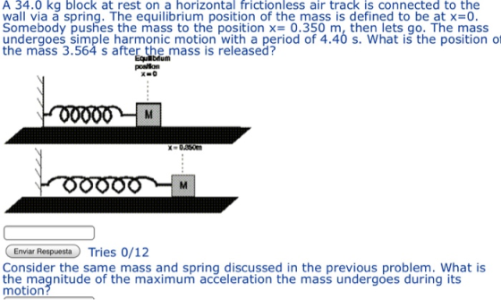 A 34.0 kq block at rest on a horizontal frictionless air track is connected to the wall via a spring. The equilibrium positio