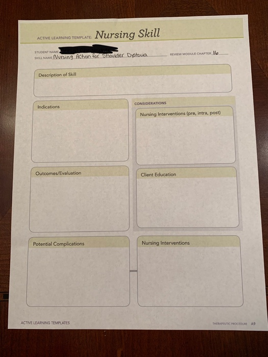 Nursing Skill ACTIVE LEARNING TEMPLATE: STUDENT NAME SOLL NAME Nursing Action for Shoulder Dystocio REVIEW MODULE CHAPTER 16